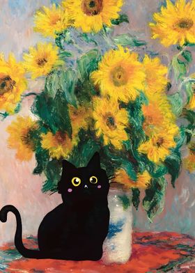 Black Cat With Sunflowers