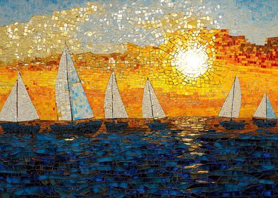 Sailboats Mosaic Sunset