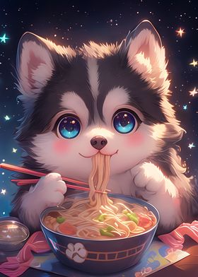 Husky eating Spaghetti