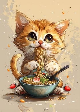 A cute cat is eating ramen