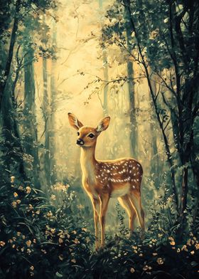 Fawn in a Sunlit Forest