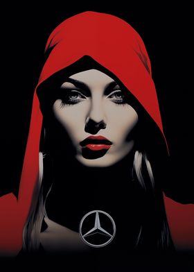 Woman in red Mercedes logo