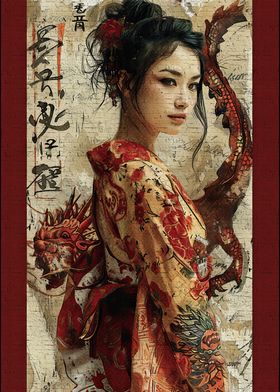 Retro geisha dragon