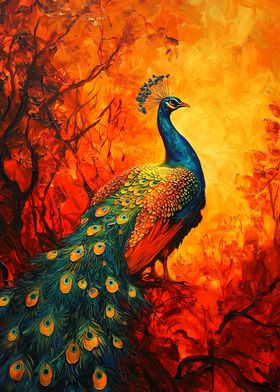 Peacock in Fiery Forest