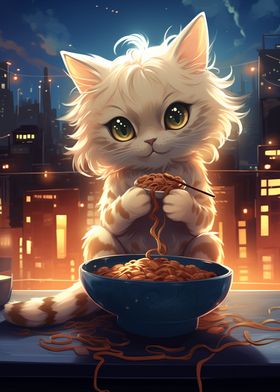 Cute Cat Eating Spaghettii