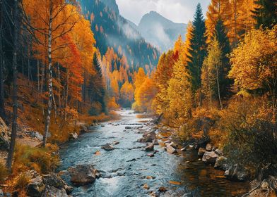 Forest at River in Autumn