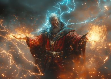 Powerful Wizard with Fire and Lightning