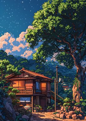 Japanese House Under Starry Sky