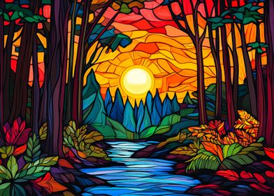 Stained Glass Forest Sunset