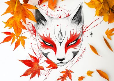 Kitsune Mask with Autumn Leaves