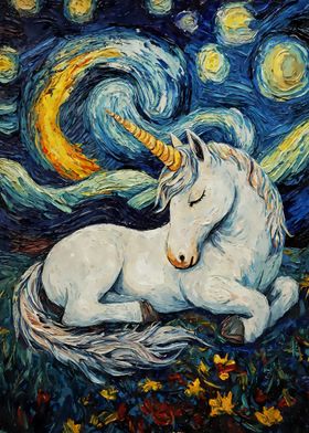 Unicorn Sleeping Starry Night