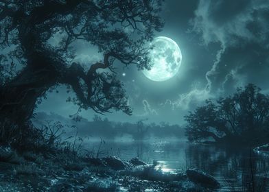 Moonlit Forest Lake