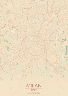 Milan Italy Vintage Map