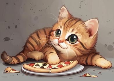 Cute Cat Eating Pizza