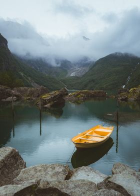 Yellow Boat in Mountain Lake