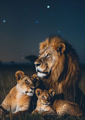 Lion Family Under Stars