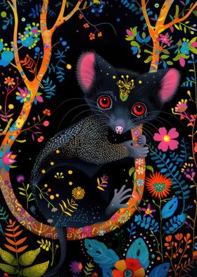 Black Possum in Neon Floral Garden