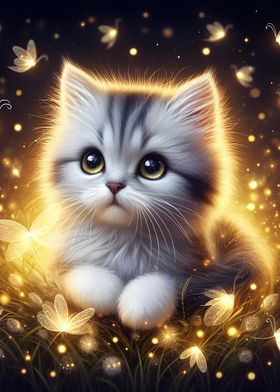 Cute Kitten with Fireflies