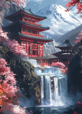 Japanese Temple Waterfall