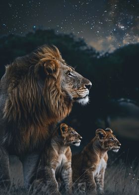 Lion Family Under Stars