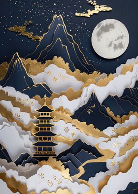 3D Textured Japanese Pagoda Landscape