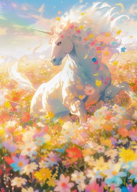 Magical Unicorn in Flower Field