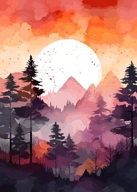 Mountains Sunset Trees