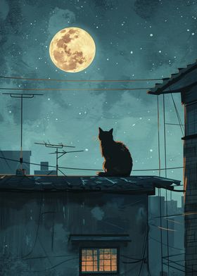 Cat on Rooftop Under Full Moon