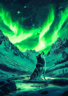 Wolf Howling at Aurora Borealis