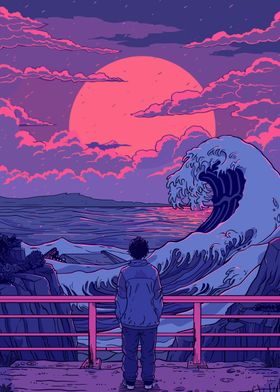 Man Gazing at Giant Wave