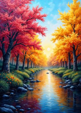 Autumn River Landscape Oil Painting