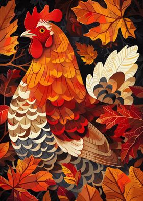 Rooster in Autumn Leaves