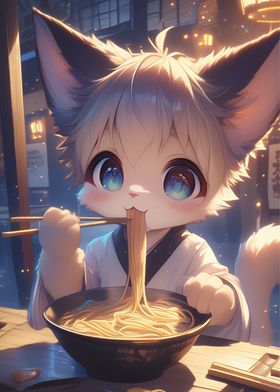 Cute Cat Eating Ramen