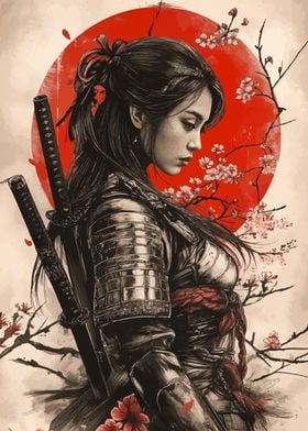 Samurai Woman with Cherry Blossoms