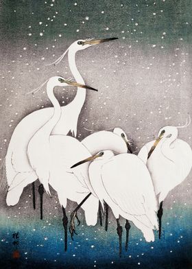 Group of Egrets in The Snow by Ohara Koson