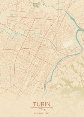 Turin Italy Vintage City Map