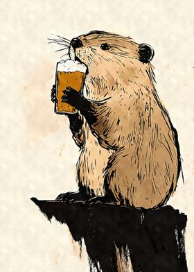 Beaver Drinking Beer Sumi-e