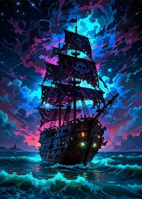 Pirate Ship Under a Starry