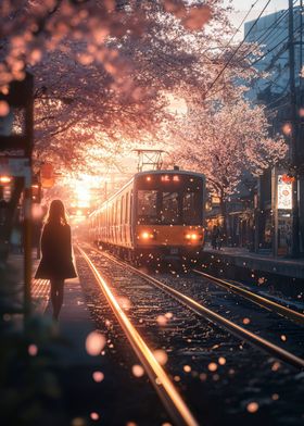 train and cherry blossom