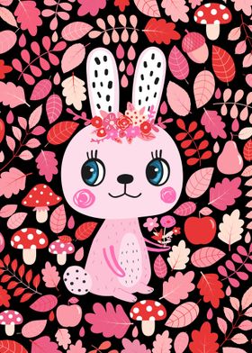 Cute Pink Bunny Animal and Autumn Leaves, Kawaii Pet Rabbit