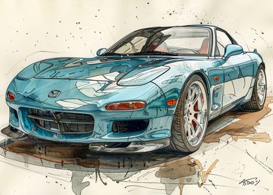 Mazda RX-7 Watercolor Art