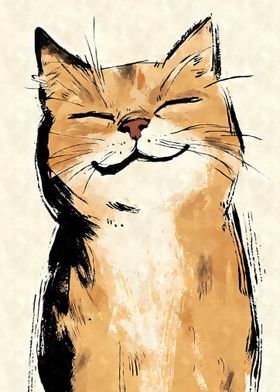 Smiling Cat Sumi-e Watercolor