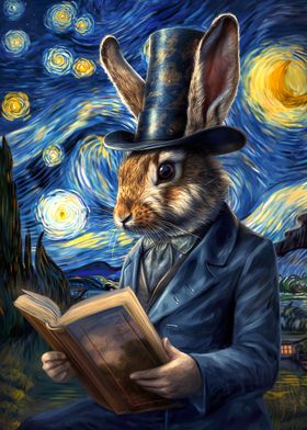 Rabbit Reading Starry Night