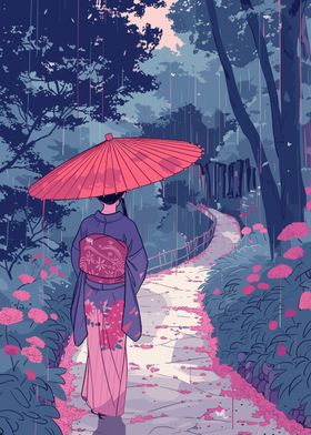 Woman in Kimono Walking in Rain