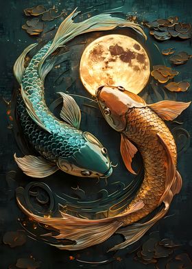 Koi Fish and Moon Japanese Asian Yin and Yang