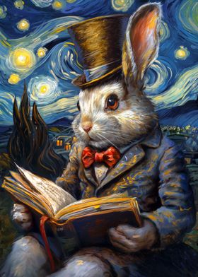 Rabbit Reading Under Starry Night