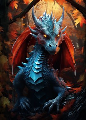 Blue Dragon in Autumn Forest