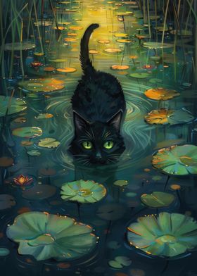 Black Cat in a Lake