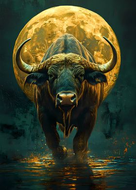 Bull Buffalo Africa Under Full Moon