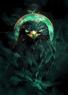 Green Eagle Falcon Bird with Moon